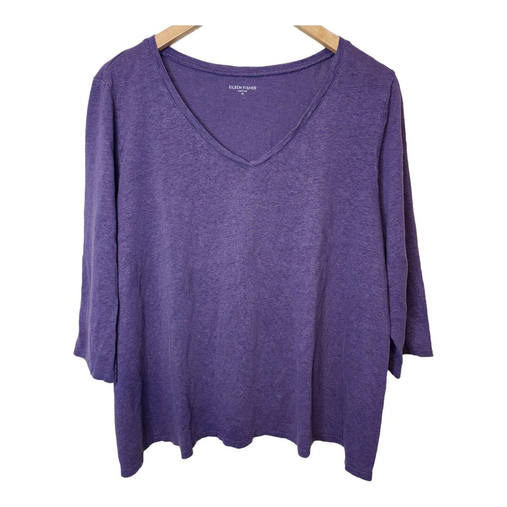 EILEEN FISHER loose fitting T XL Linen V-Neck Dolman 3/4 Sleeve Pullover Purple